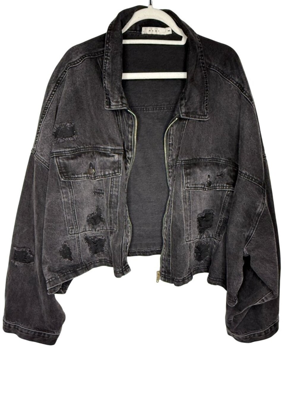 MNML XXL Black Distressed Oversized Denim Zip Jacket Streetwear